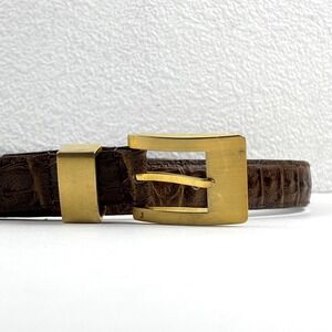 Croc Embossed Leather Belt Womens M/L Brown Gold Square Buckle Classic Vintage